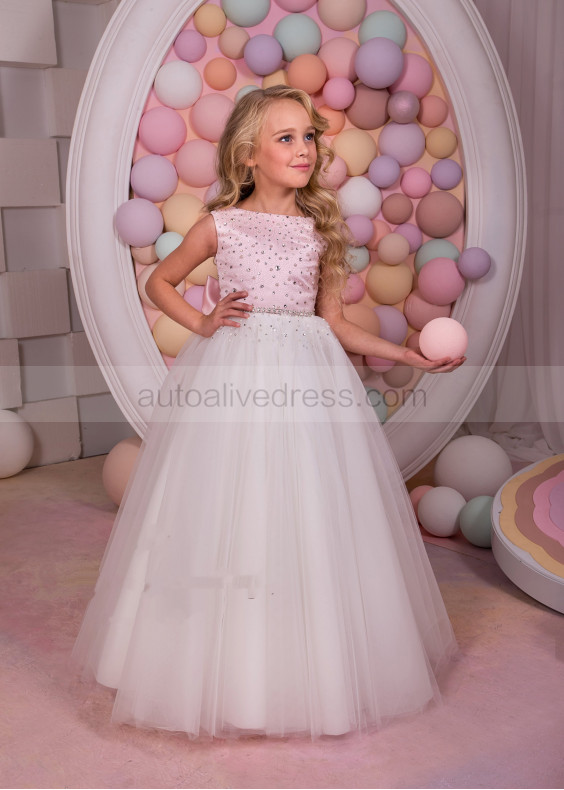 Beaded Pink Satin Ivory Tulle Floor Length Flower Girl Dress
